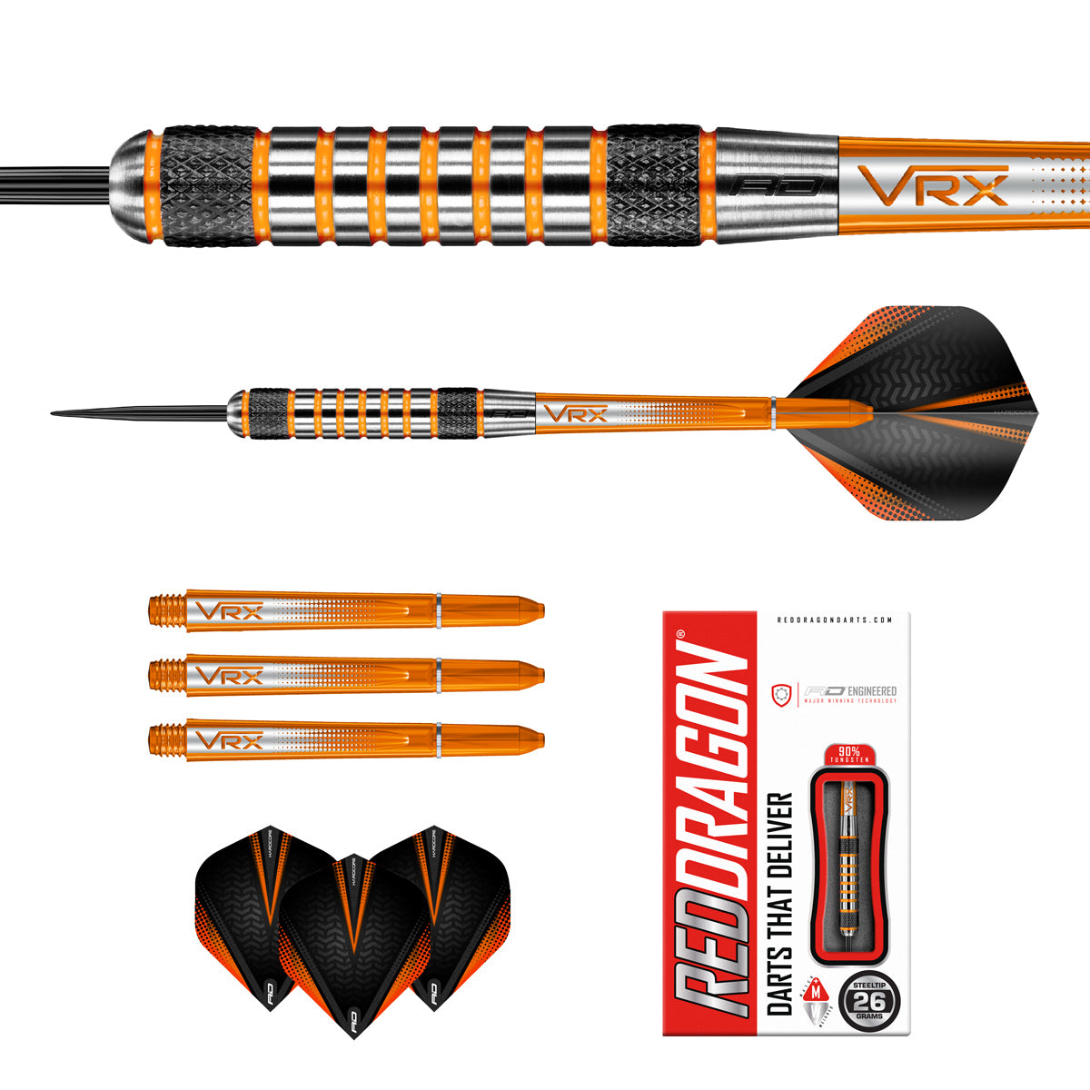 Contents of the Amberjack 7 darts box including flights, shafts and accessories