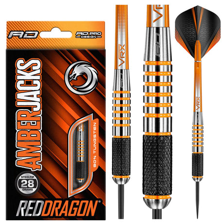 Amberjack 9 Steel Tip Darts product image showing the complete dart set, packaging and accessories.