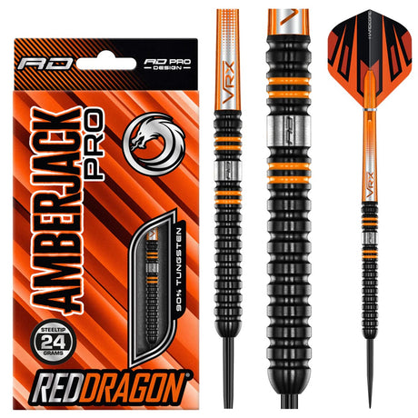 Amberjack Pro 1 Steel Tip Darts product image showing the complete dart set, packaging and accessories