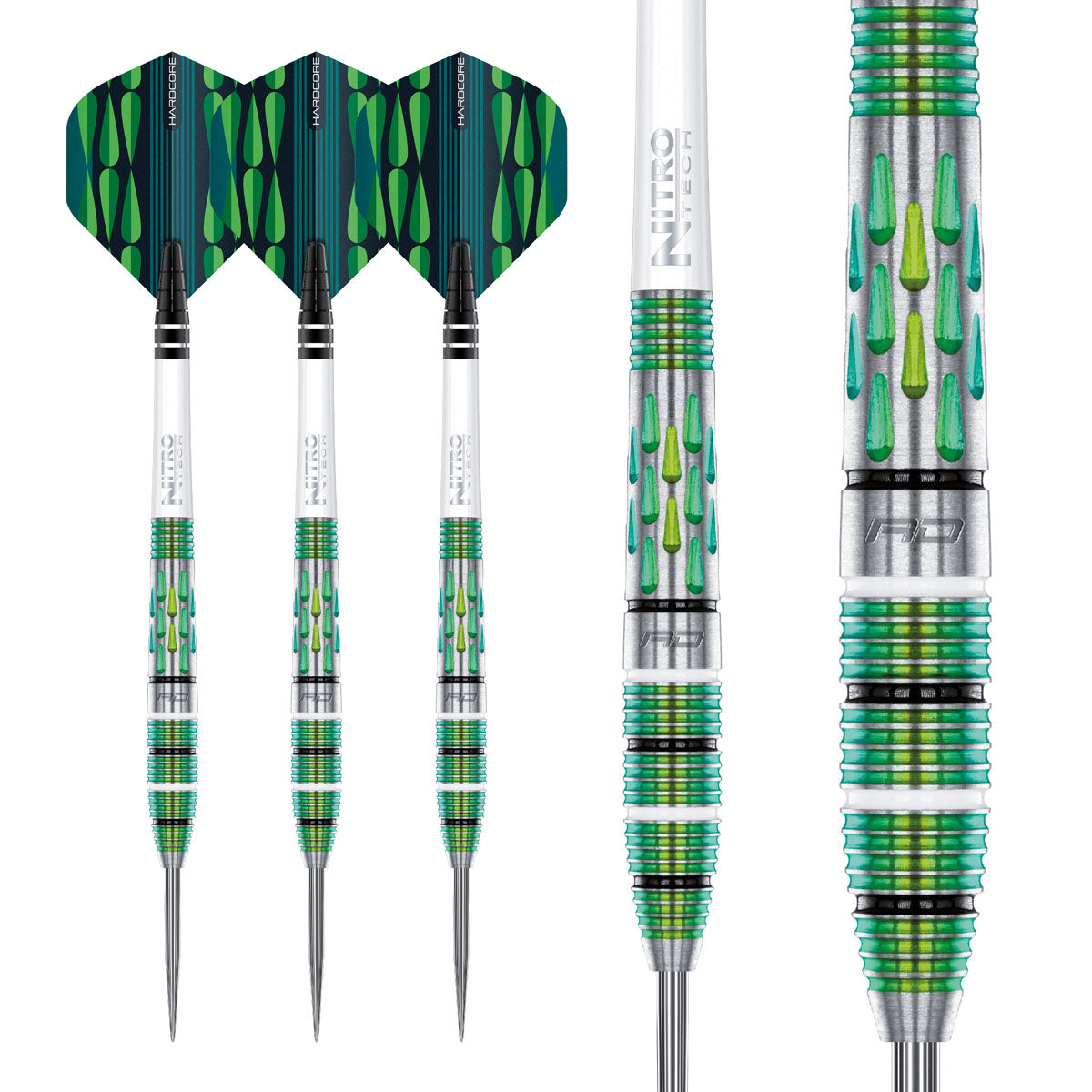 Multiple angle view of the Artura Screamin' Green dart barrel profile and design