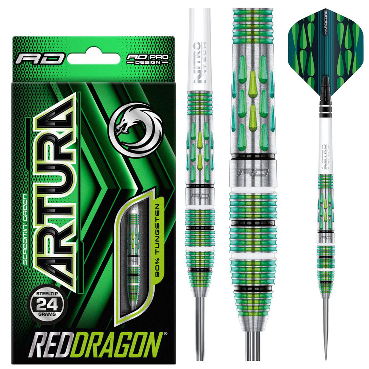 Artura Screamin' Green Steel Tip Darts product image showing the complete dart set, packaging and accessories