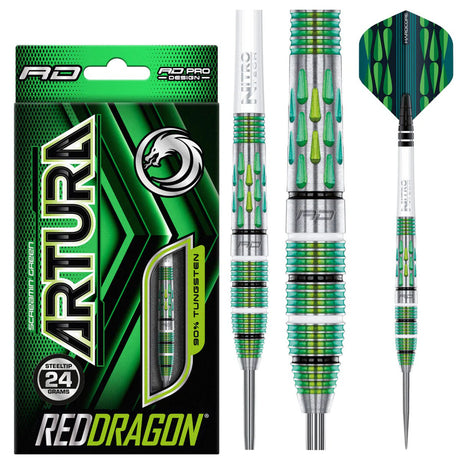 Artura Screamin' Green Steel Tip Darts product image showing the complete dart set, packaging and accessories