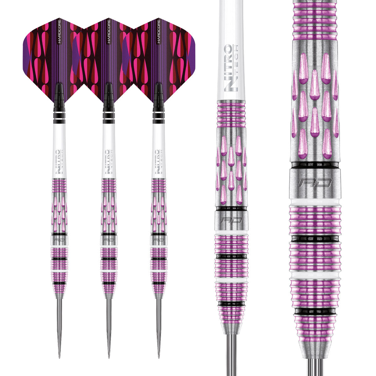 Multiple angle view of the Artura Shocking Pink dart barrel profile and design