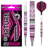 Artura Shocking Pink Steel Tip Darts product image showing the complete dart set, packaging and accessories