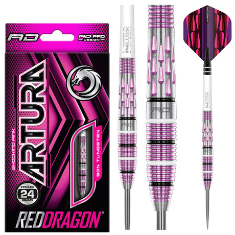 Artura Shocking Pink Steel Tip Darts product image showing the complete dart set, packaging and accessories