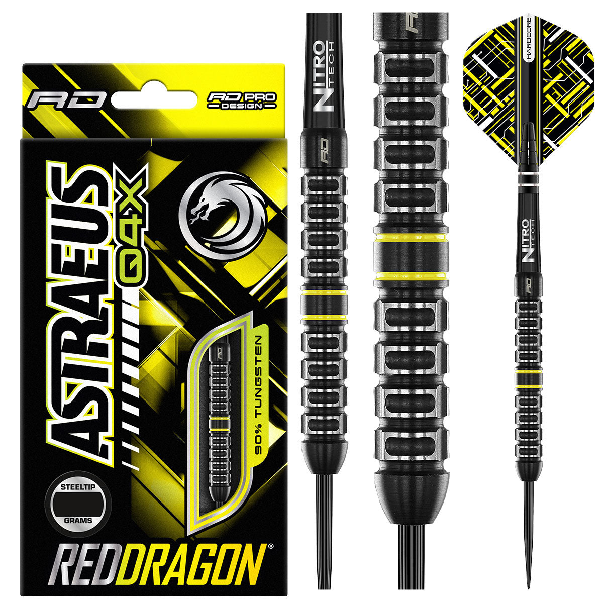 Astraeus Q4X Parallel Steel Tip Darts product image showing the complete dart set, packaging and accessories