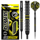 Astraeus Q4X Parallel Steel Tip Darts product image showing the complete dart set, packaging and accessories