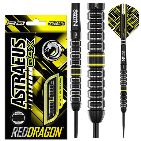 Astraeus Q4X Parallel Steel Tip Darts product image showing the complete dart set, packaging and accessories