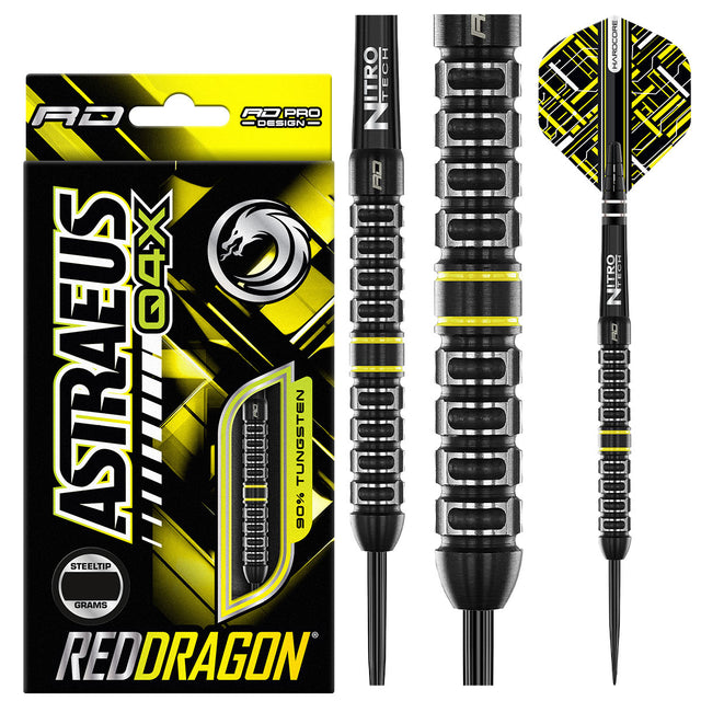 Astraeus Q4X Parallel Steel Tip Darts product image showing the complete dart set, packaging and accessories