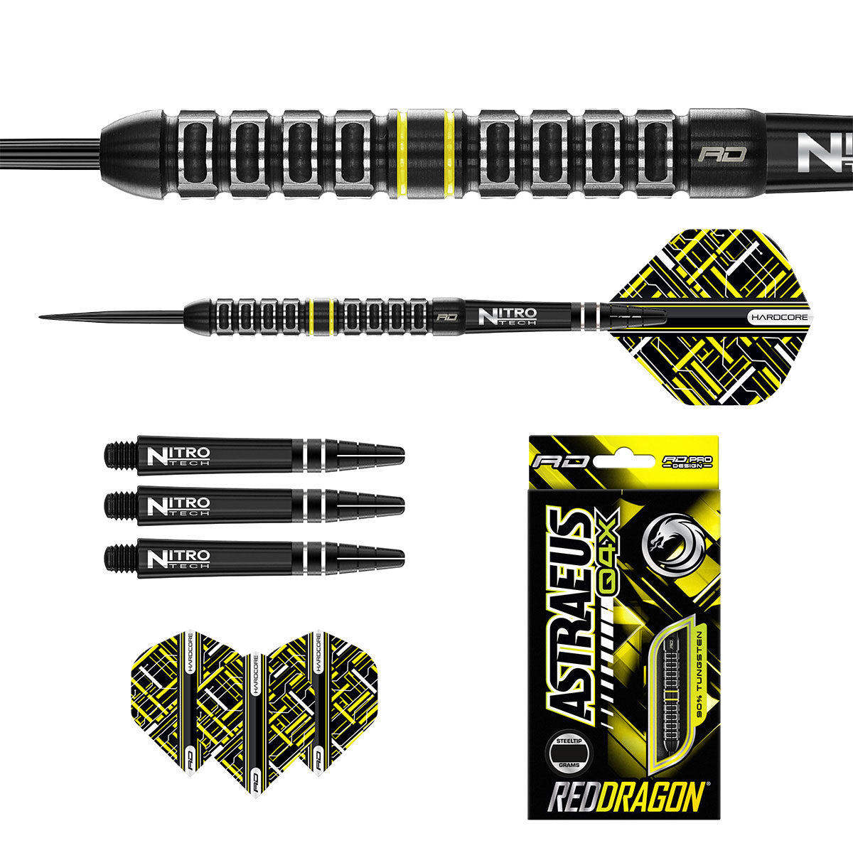 Contents of the Astraeus Q4X Parallel darts box including flights, shafts and accessories