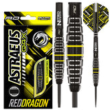 Astraeus Q4X Torpedo Steel Tip Darts product image showing the complete dart set, packaging and accessories