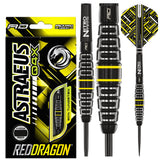 Astraeus Q4X Torpedo Steel Tip Darts product image showing the complete dart set, packaging and accessories