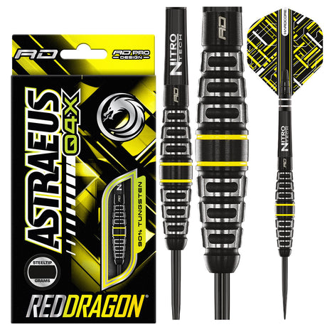 Astraeus Q4X Torpedo Steel Tip Darts product image showing the complete dart set, packaging and accessories