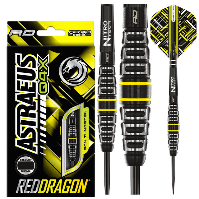 Astraeus Q4X Torpedo Steel Tip Darts product image showing the complete dart set, packaging and accessories