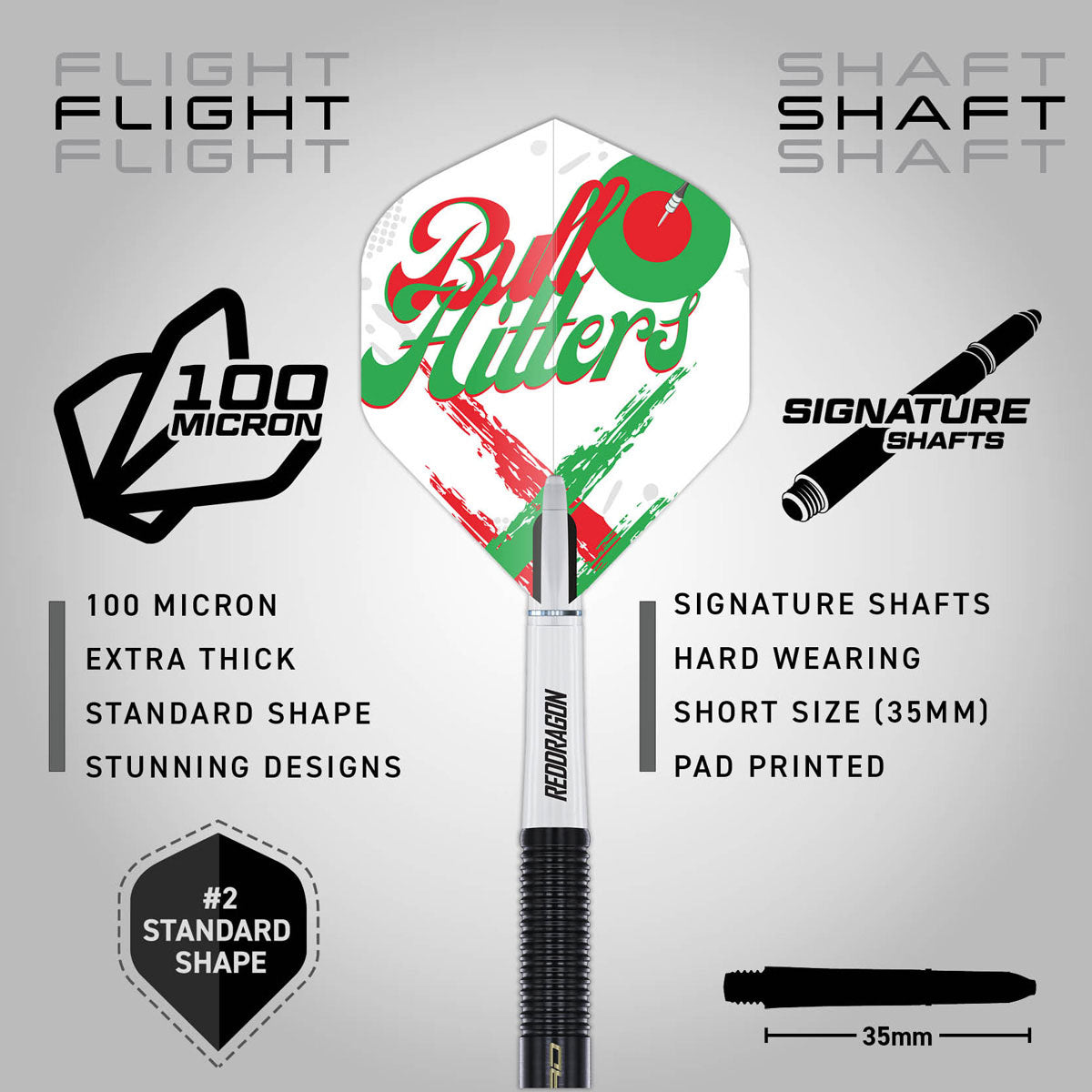 Red Dragon Bullhitters Steel Tip Darts image displaying the included flight and shaft configuration