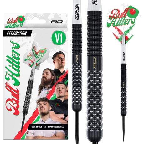 Red Dragon Bullhitters Steel Tip Darts main product image showing the darts, packaging, flights, shafts, and included accessories