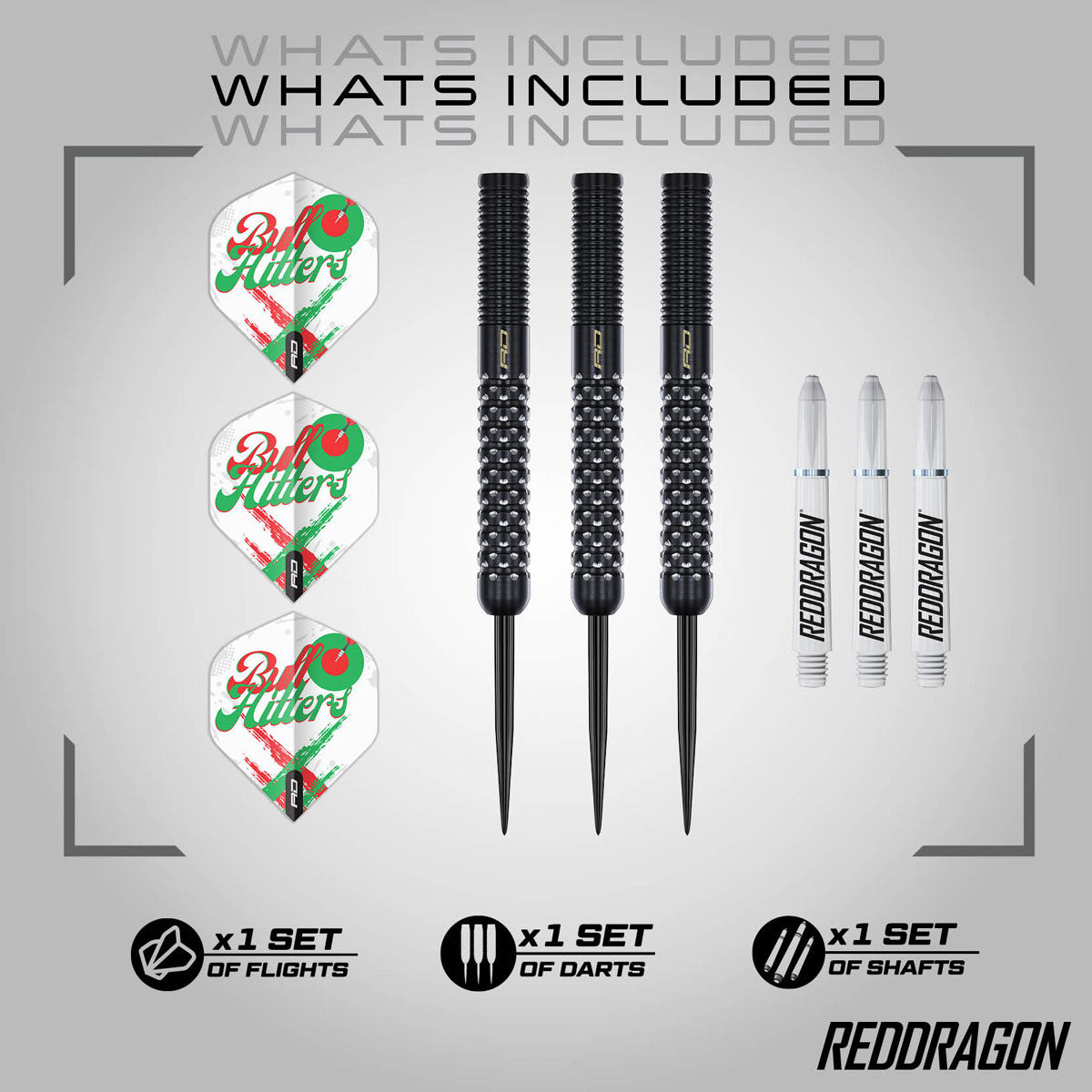 Red Dragon Bullhitters Steel Tip Darts image displaying everything included inside the box