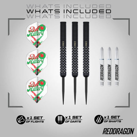 Red Dragon Bullhitters Steel Tip Darts image displaying everything included inside the box
