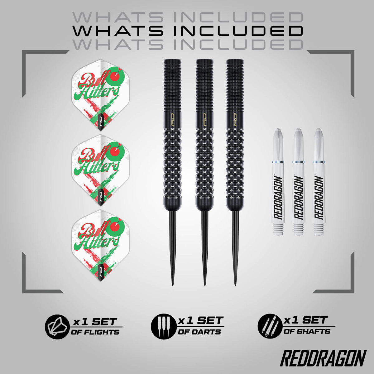 Red Dragon Bullhitters Steel Tip Darts image displaying everything included inside the box