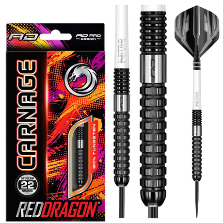Carnage 2 Steel Tip Darts product image showing the complete dart set, packaging and accessories