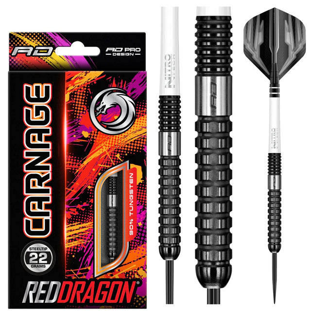 Carnage 2 Steel Tip Darts product image showing the complete dart set, packaging and accessories