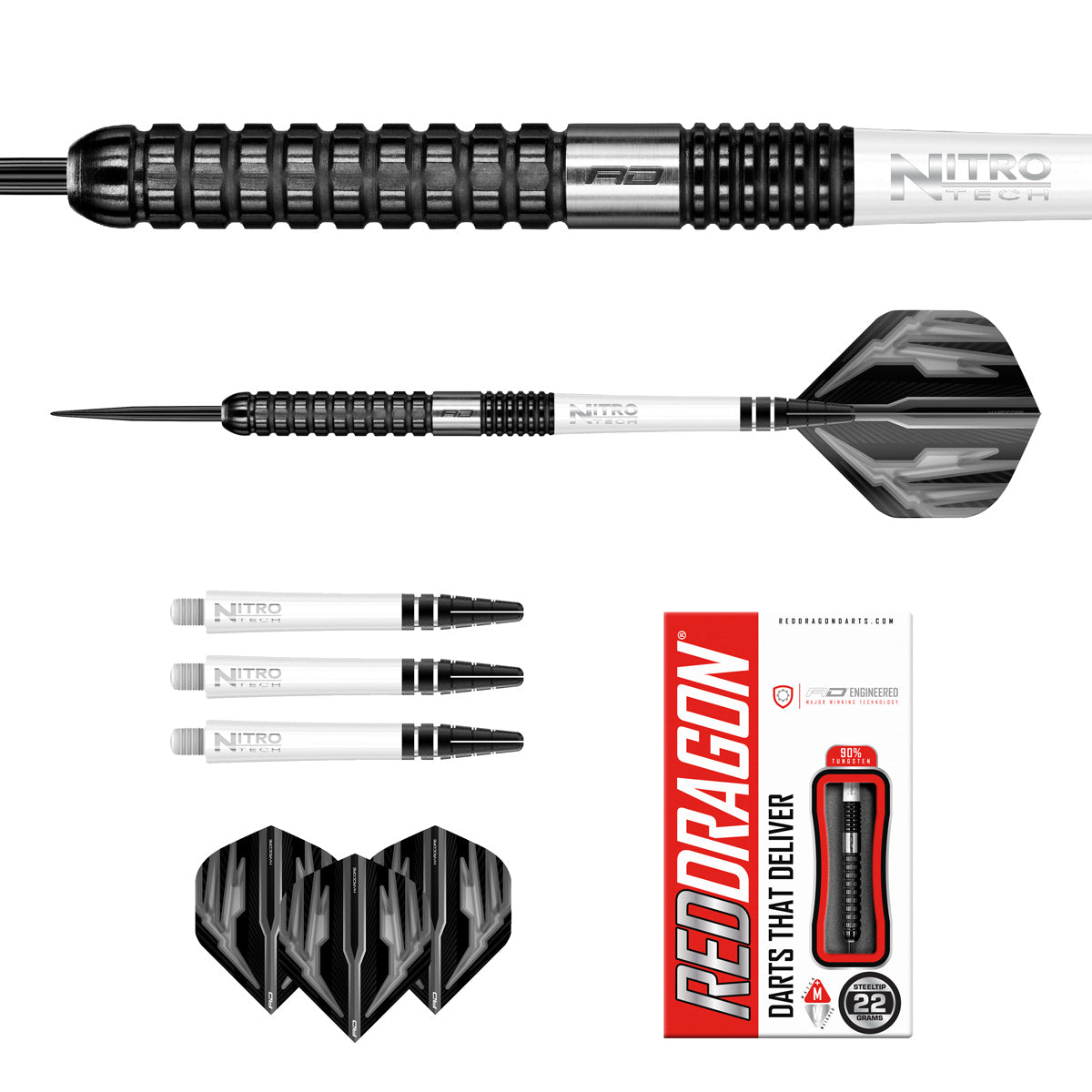 Contents of the Carnage 2 darts box including flights, shafts and accessories