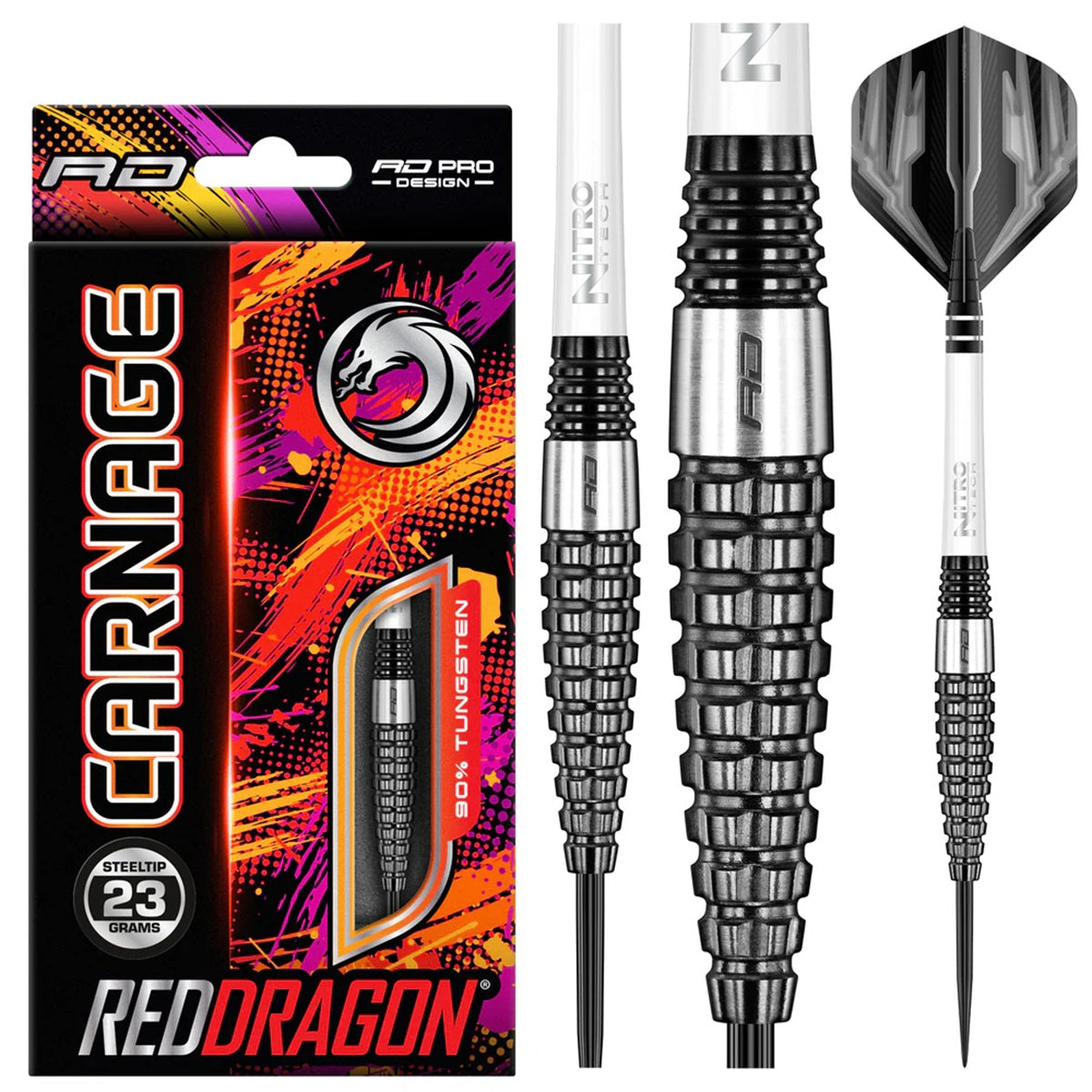 Carnage 3 Steel Tip Darts product image showing the complete dart set, packaging and accessories