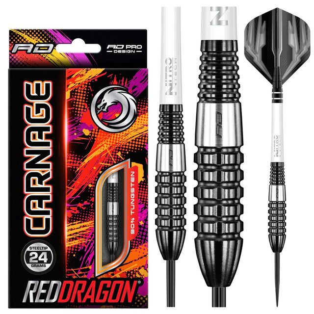 Carnage 4 Steel Tip Darts product image showing the complete dart set, packaging and accessories