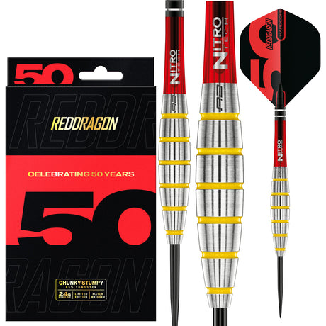 Red Dragon Chunky Stumpy 3 Steel Tip Darts main product image showing the darts, packaging, flights, shafts, and included accessories