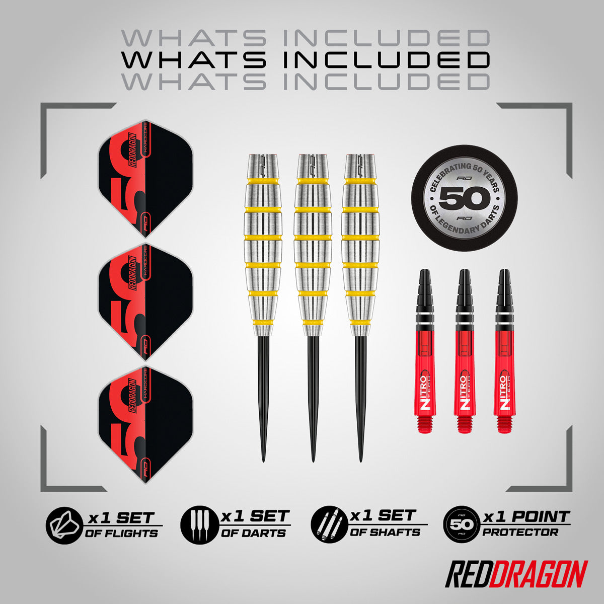 Red Dragon Chunky Stumpy 3 Steel Tip Darts image displaying everything included inside the box