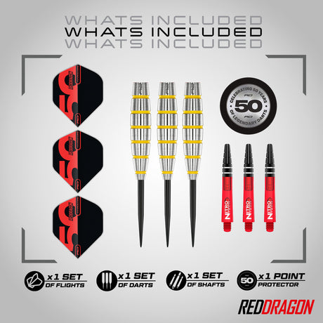 Red Dragon Chunky Stumpy 3 Steel Tip Darts image displaying everything included inside the box