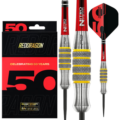 Red Dragon Chunky Stumpy 7 Steel Tip Darts main product image showing the darts, packaging, flights, shafts, and included accessories