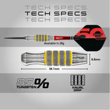 Red Dragon Chunky Stumpy 7 Steel Tip Darts specifications image showing barrel dimensions, weight, and technical details