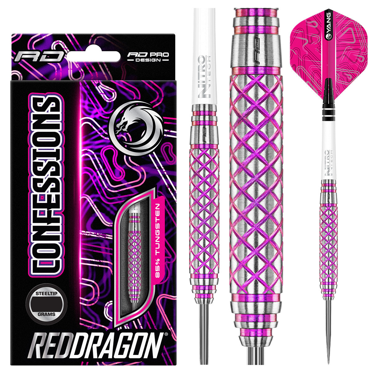 Confession Steel Tip Darts product image showing the complete dart set, packaging and accessories