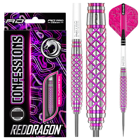 Confession Steel Tip Darts product image showing the complete dart set, packaging and accessories