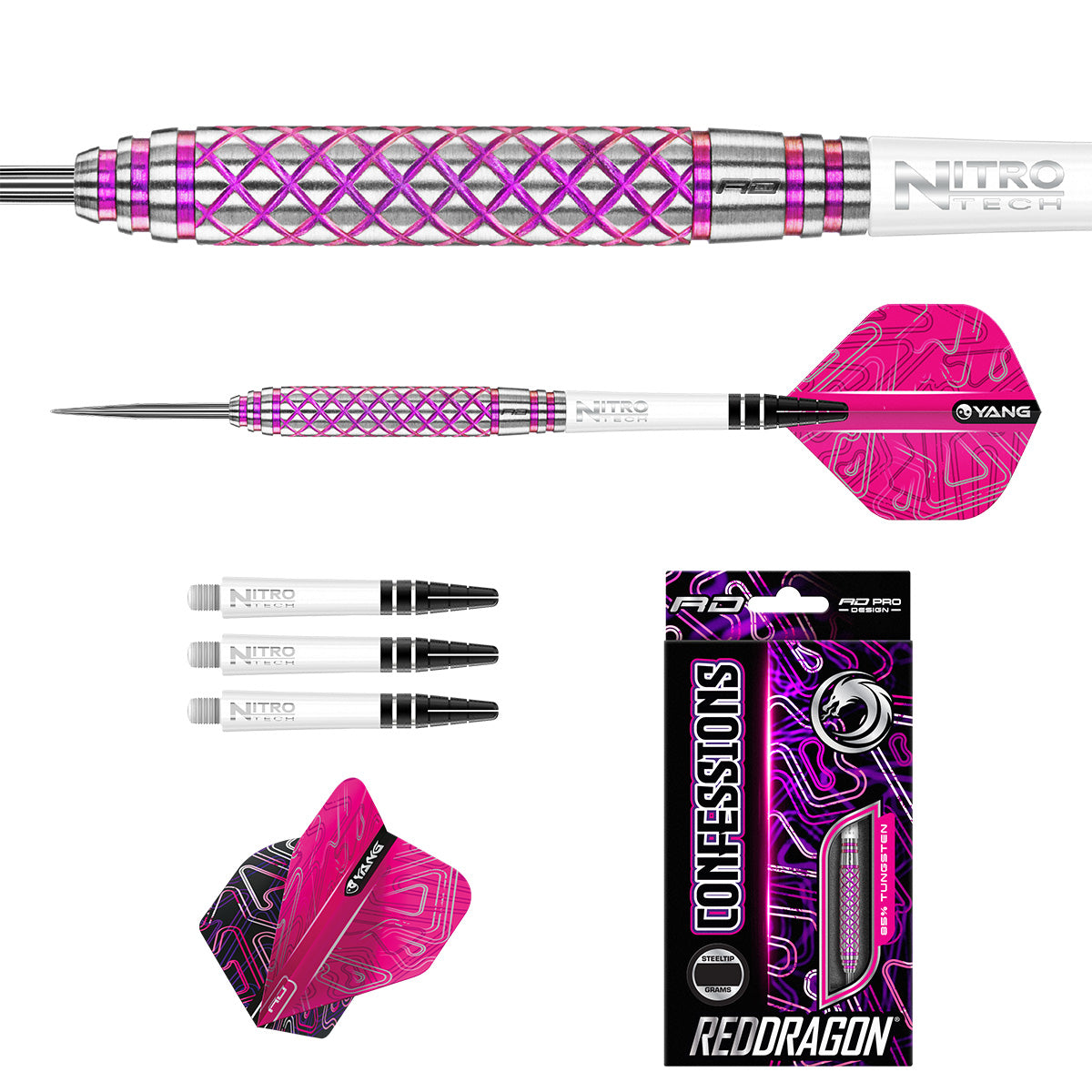 Contents of the Confession darts box including flights, shafts and accessories