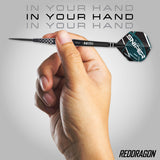 Red Dragon Connor Scutt Steel Tip Darts in hand image showing the barrel size, grip profile, and scale when held