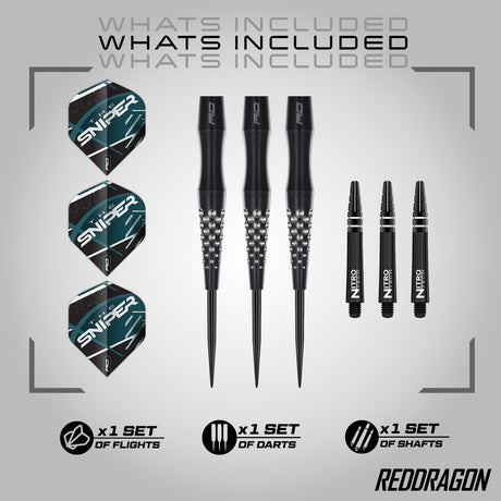 Red Dragon Connor Scutt Steel Tip Darts image displaying everything included inside the box