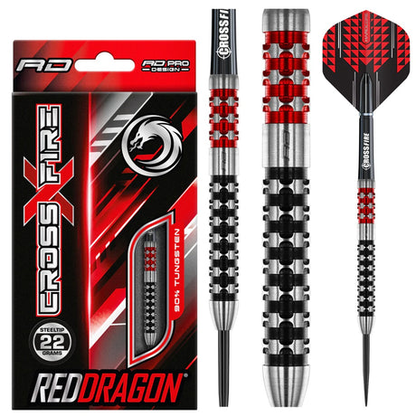 Crossfire Steel Tip Darts product image showing the complete dart set, packaging and accessories