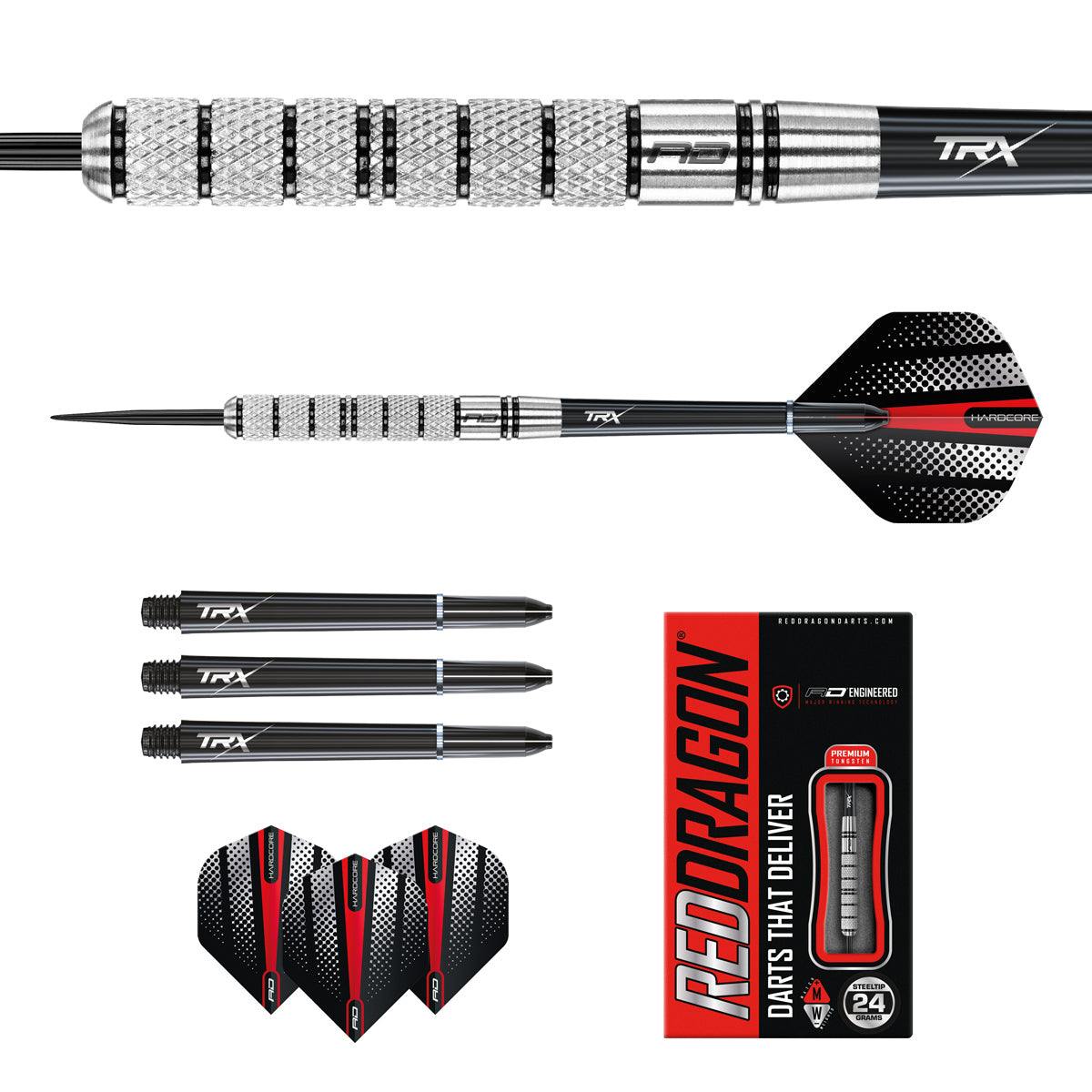 Contents of the Crusader darts box including flights, shafts and accessories