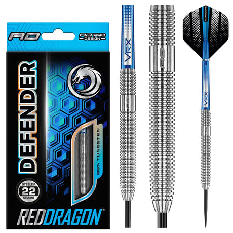 Defender Steel Tip Darts product image showing the complete dart set, packaging and accessories