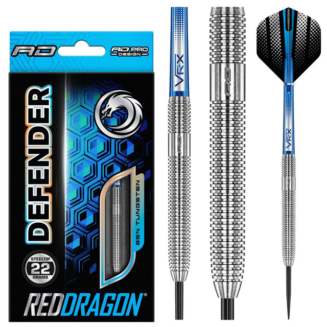 Defender Steel Tip Darts product image showing the complete dart set, packaging and accessories
