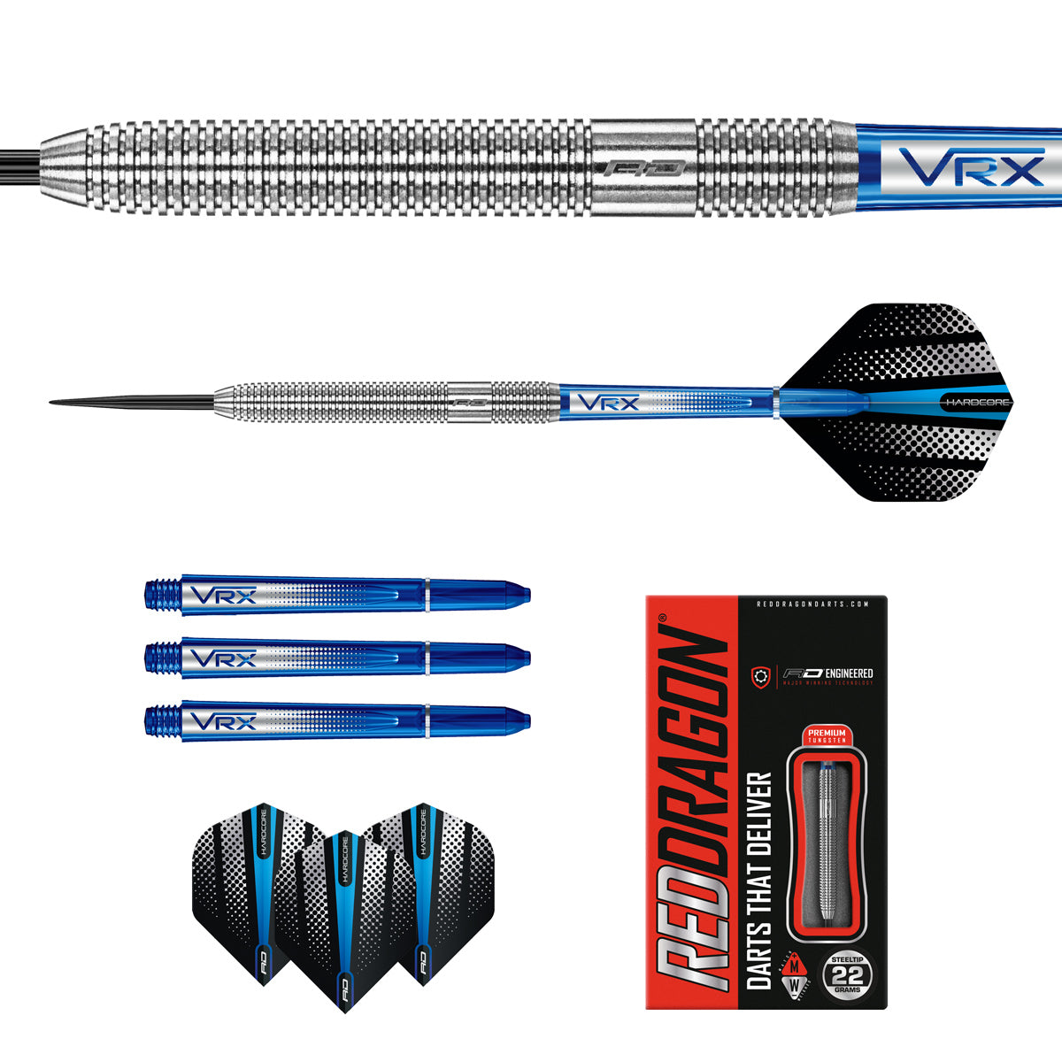 Contents of the Defender darts box including flights, shafts and accessories