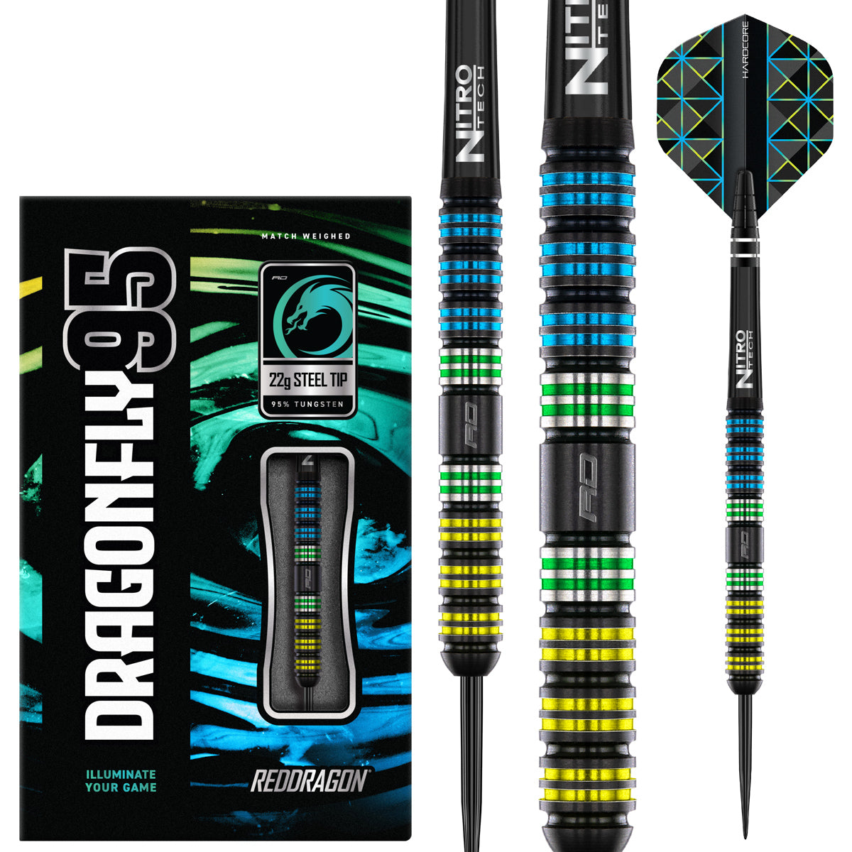 Dragonfly 95 Parallel Steel Tip Darts main product image showing the darts, packaging, flights, shafts, and included accessories