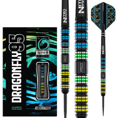 Dragonfly 95 Parallel Steel Tip Darts main product image showing the darts, packaging, flights, shafts, and included accessories