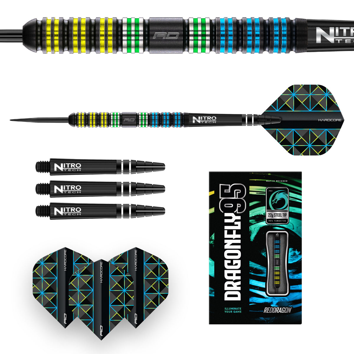 Dragonfly 95 Parallel Steel Tip Darts image displaying everything included inside the box