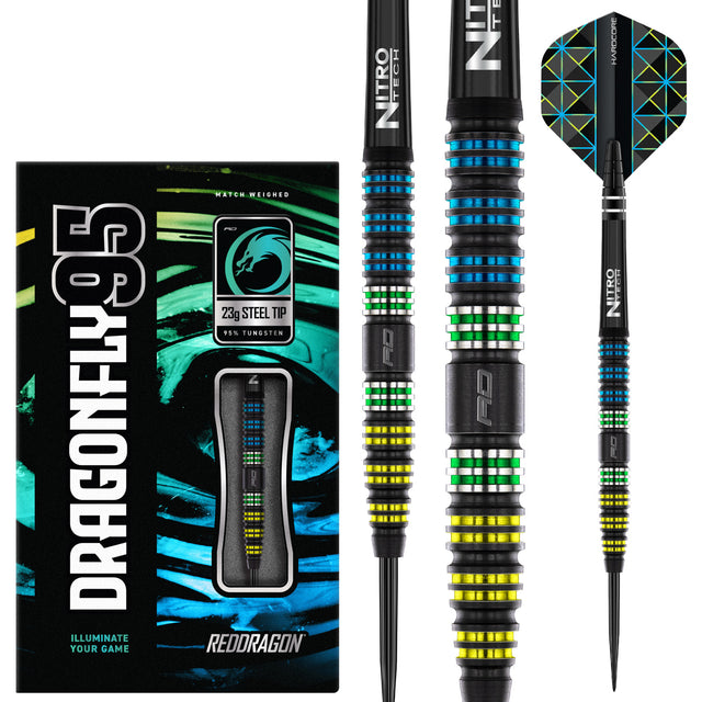 Dragonfly 95 Tapered Steel Tip Darts main product image showing the darts, packaging, flights, shafts, and included accessories