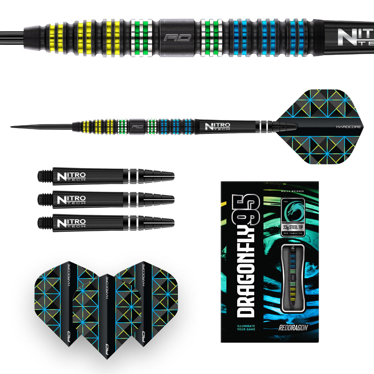 Dragonfly 95 Tapered Steel Tip Darts image displaying everything included inside the box