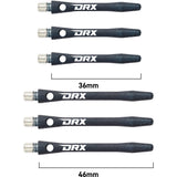 DRX Coated Aluminium Dart Stems Black main product image showing the stems, packaging, and included contents