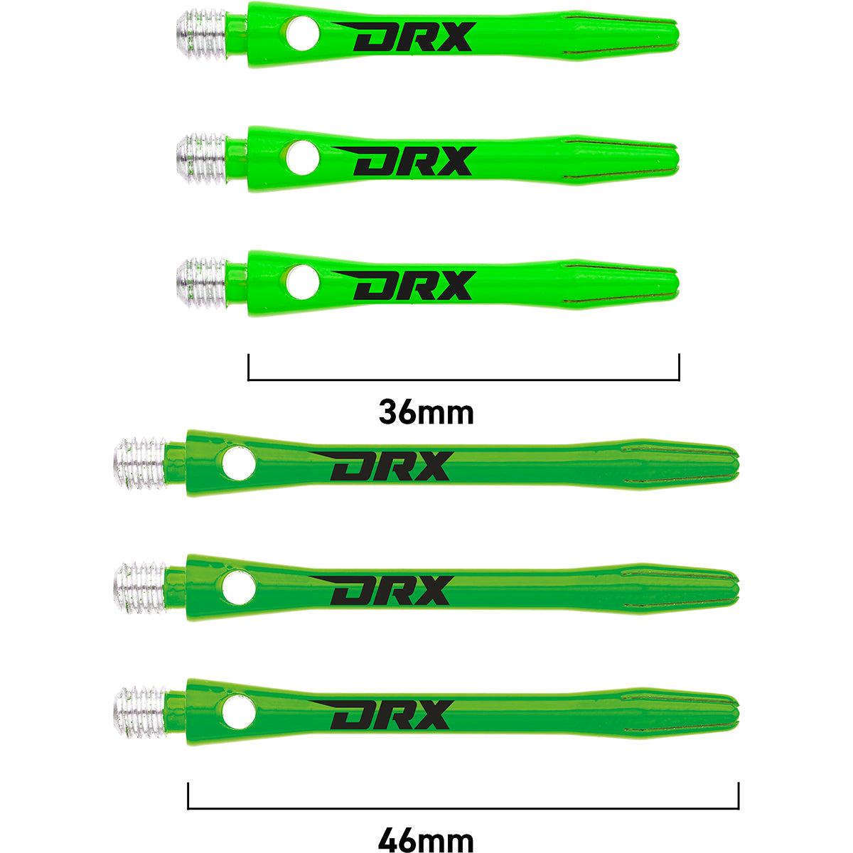 DRX Coated Aluminium Dart Stems Green main product image showing the stems, packaging, and included contents